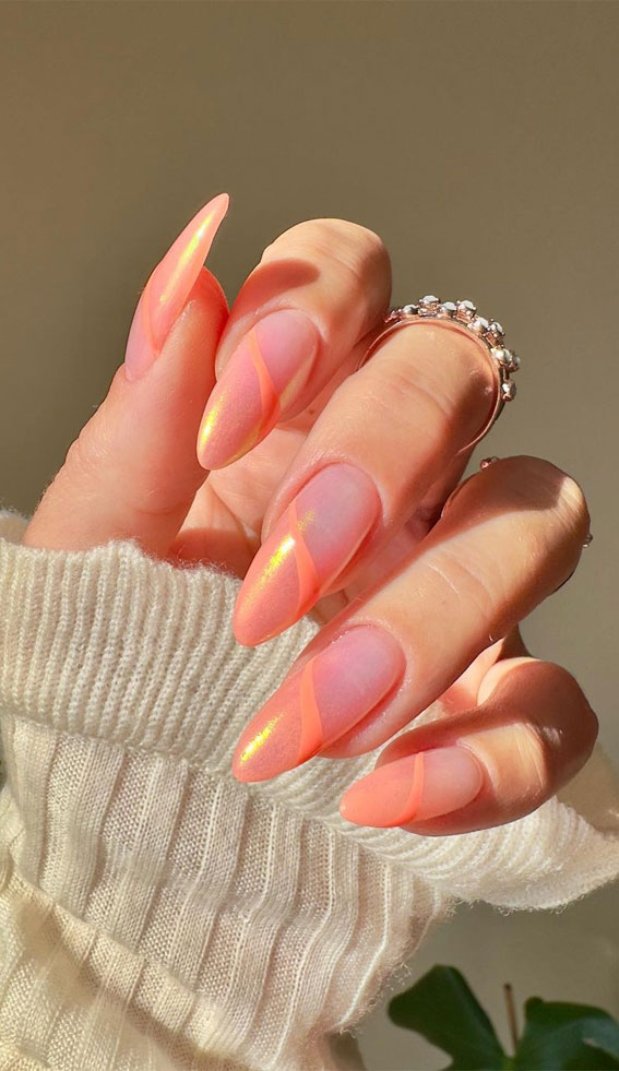 Peachy Orange Shimmer Stiletto with Orange Lines Peachy Orange Shimmer Stiletto with Orange Lines — Ombre Nail Designs