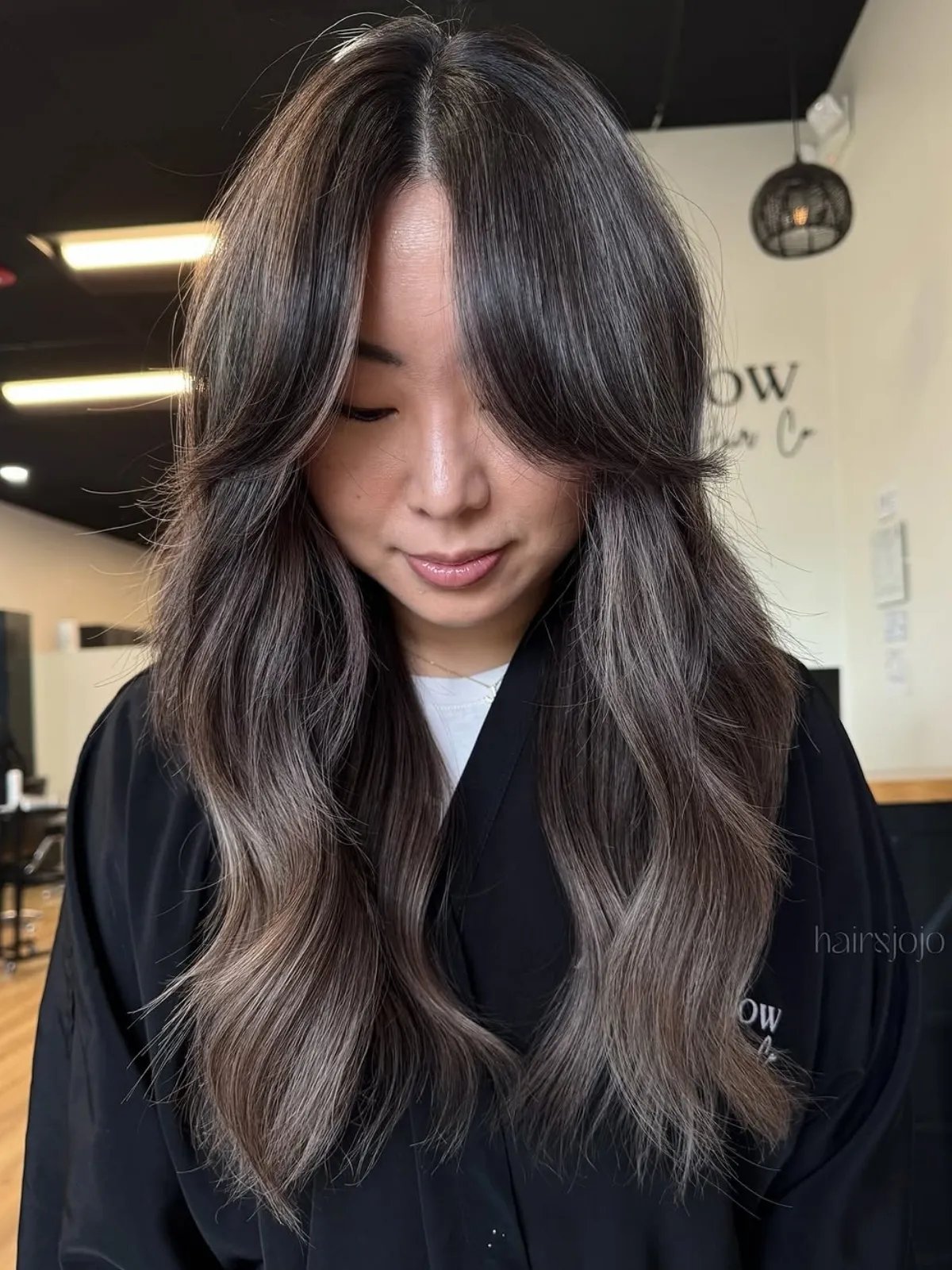 Curtain Bangs Mid-Back Waves With Dark Brown and Ash Highlights — Ash Brown Hair