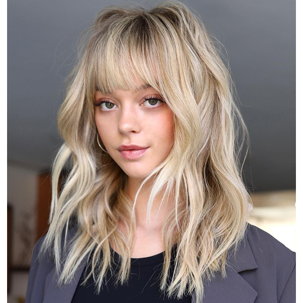 Ash Blonde Shag With Blunt Bangs — Winter Layered Haircuts
