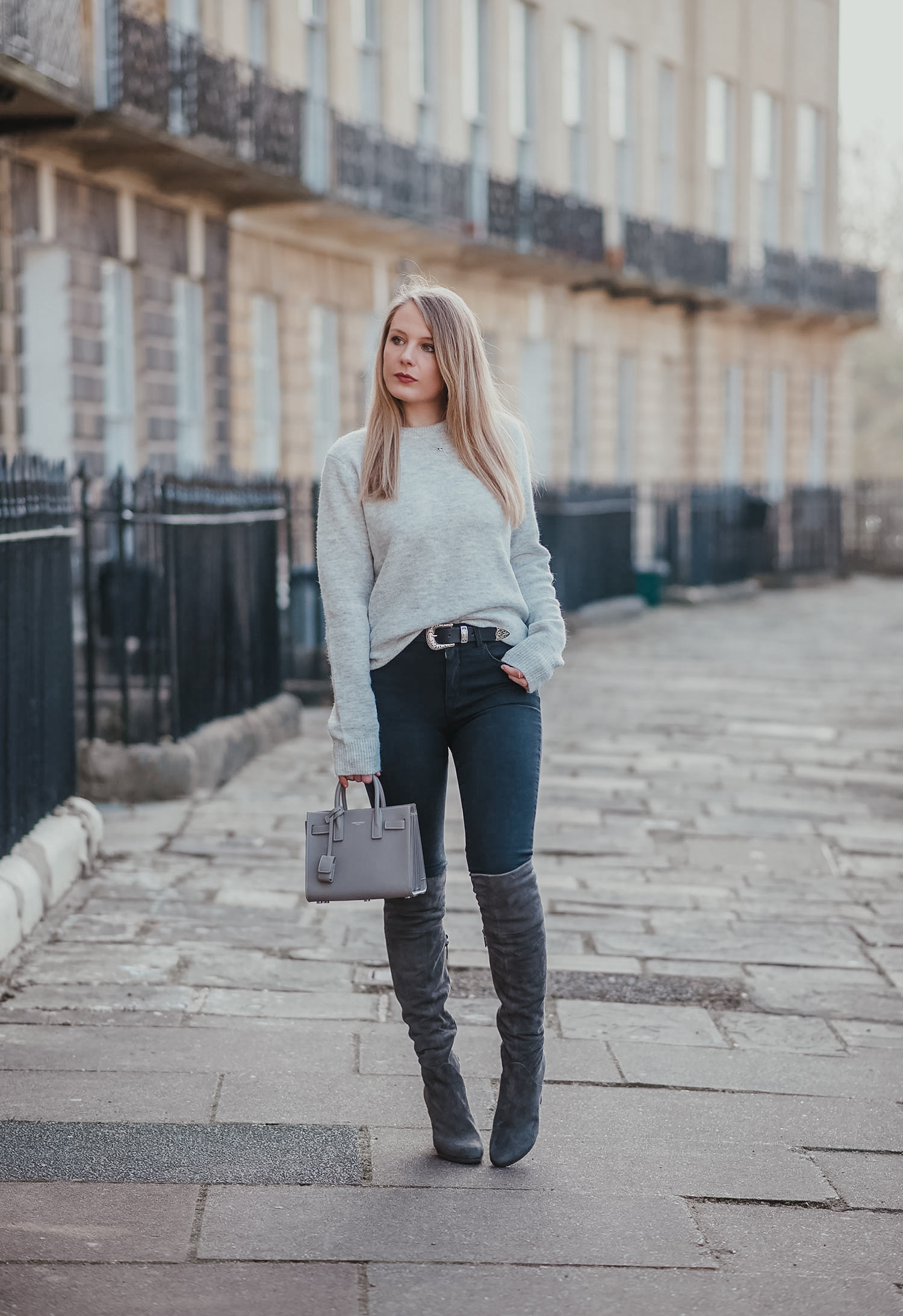 Monochrome Grey Over-the-Knee Boots with Grey Sweater and Jeans Monochrome Grey Over-the-Knee Boots with Grey Sweater and Jeans — Over the Knee Boots Outfits