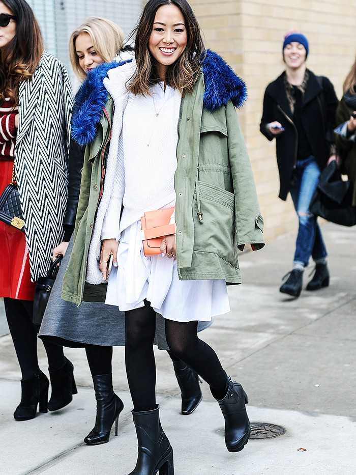 Olive Green Parka with Blue Fur Trim and Dress — Parka Outfits