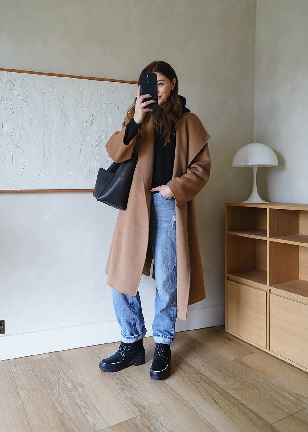 Black Snow Boots with Camel Coat and Relaxed Fit Jeans — Snow Boots Outfits
