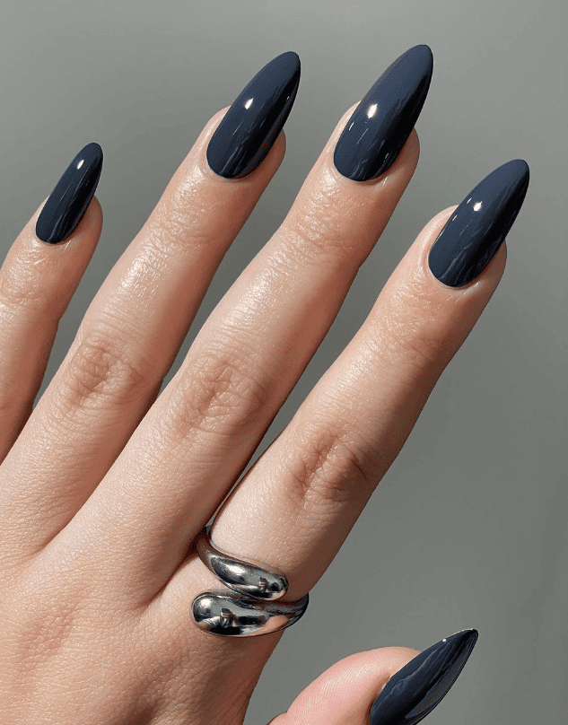 Navy Blue Glossy Stiletto Nails with Fine Lines Navy Blue Glossy Stiletto Nails with Fine Lines — Winter Nail Colors for Women Over 50