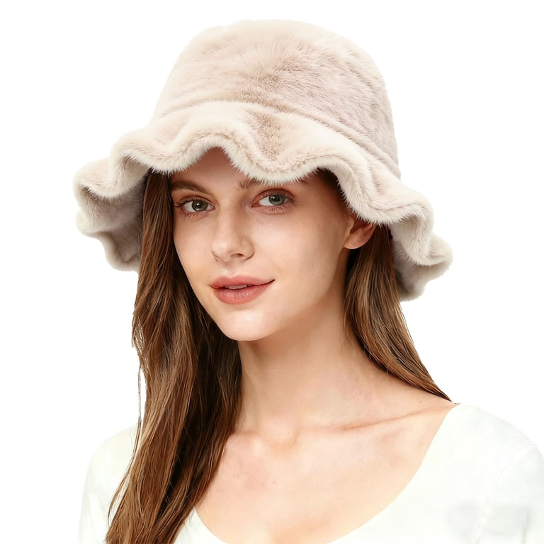 Beige Faux Fur Bucket Hat with Ruffled Brim — Fur Hat Outfits