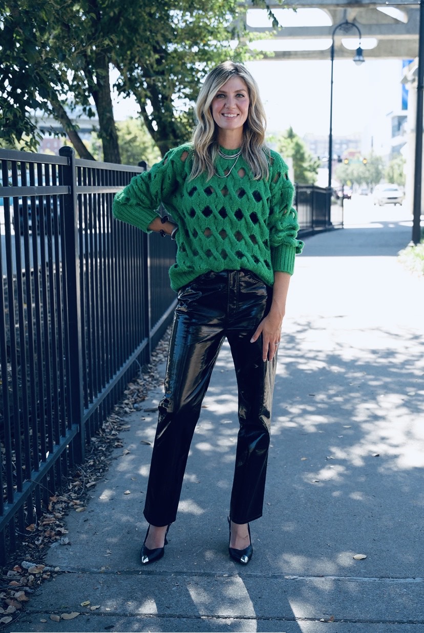 Patent Leather Pants with a Cutout Knit Sweater Patent Leather Pants with a Cutout Knit Sweater — Leather Pants Outfits