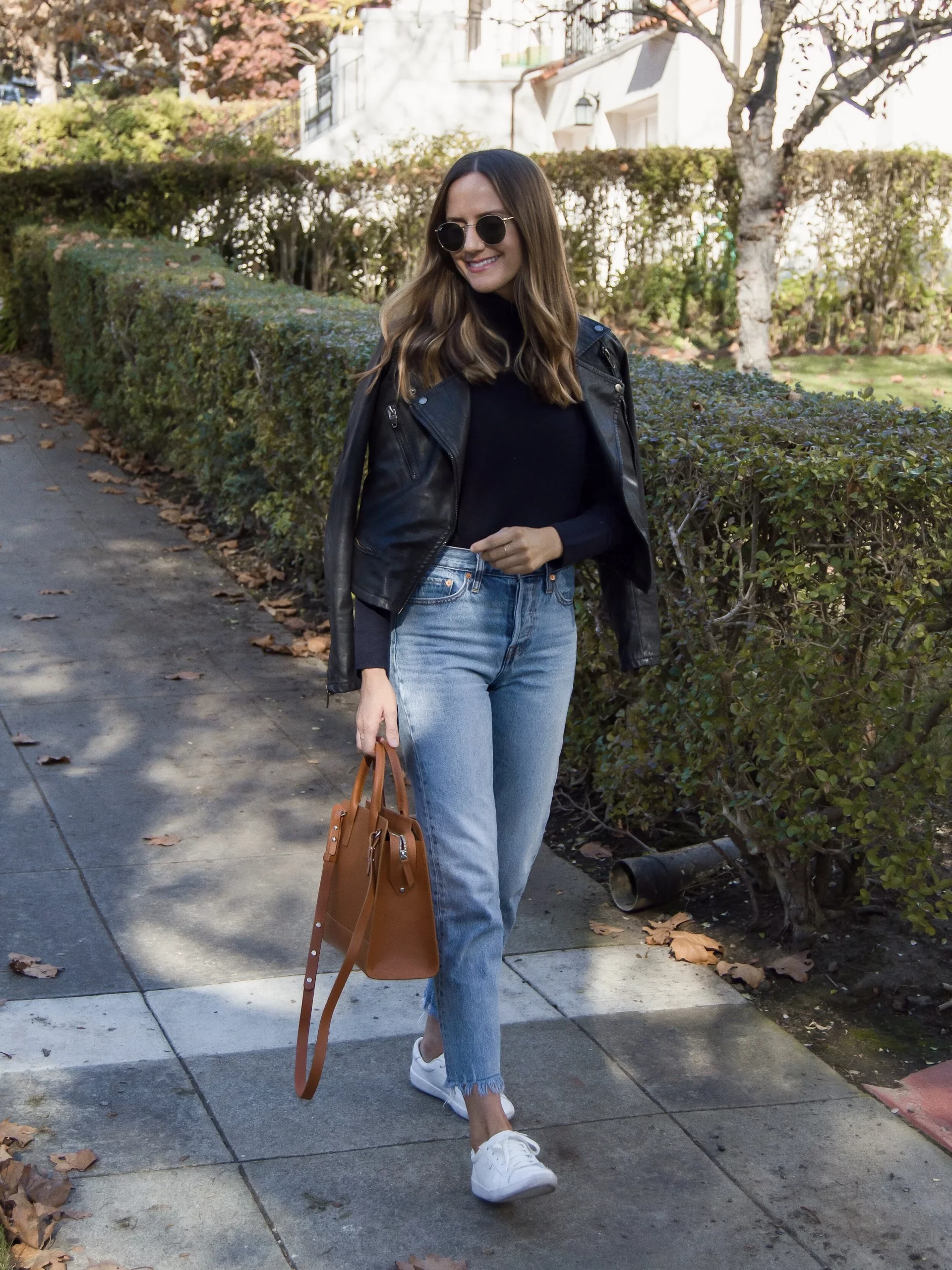 Casual Black Turtleneck with Draped Leather Jacket and Jeans — Turtleneck Outfits