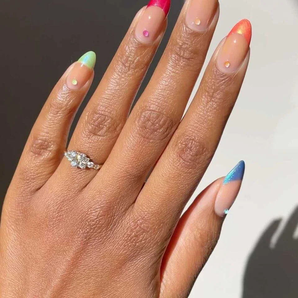 Rainbow Gradient French Tips with Rhinestones Rainbow Gradient French Tips with Rhinestones — Trendy Almond Nail Designs