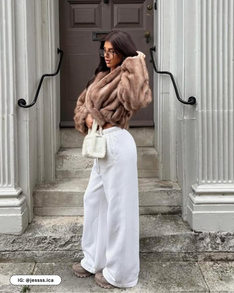 Luxurious Contrast: White Wide-Leg Sweatpants with Fur Jacket — Sweatpants Outfits