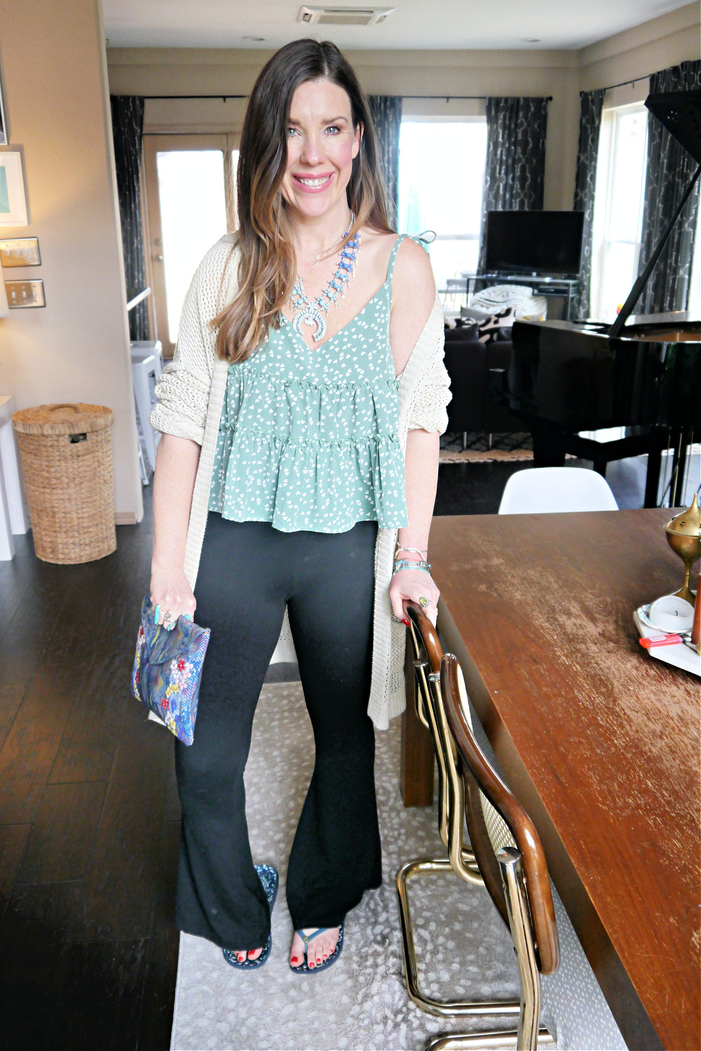 Bohemian Flair with Printed Camisole and Cardigan — Flare Leggings Outfits