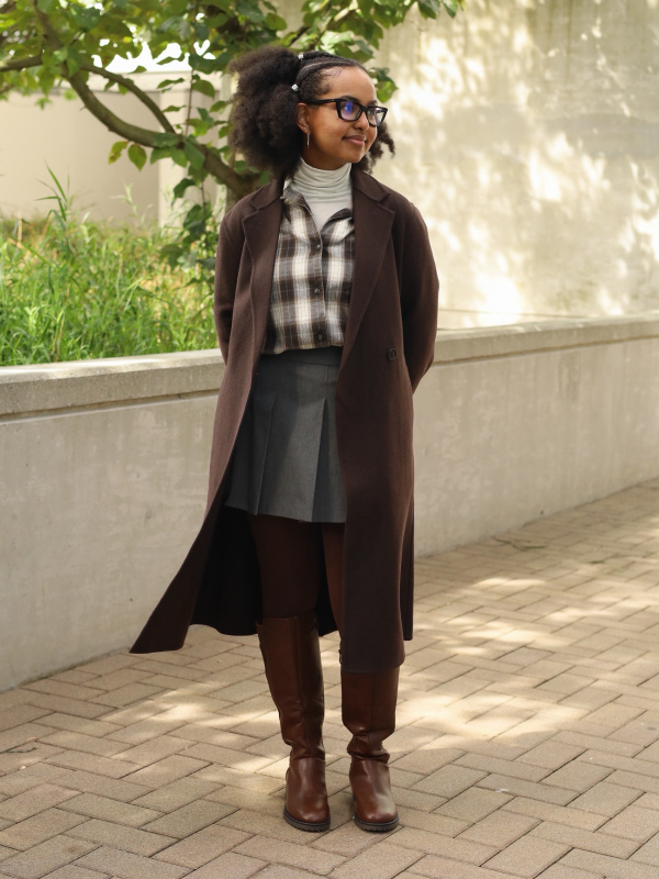 Long Brown Coat with Plaid Shirt and Skirt — Brown Coat Outfits