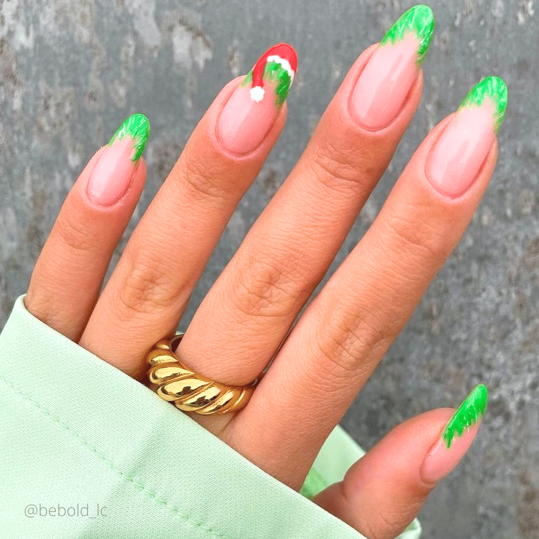 Green French Tip with Santa Hat Accent — Winter Nails