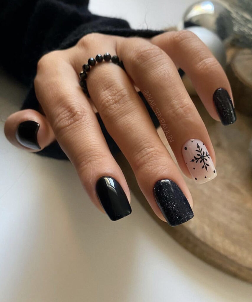 Black Glossy Base Snowflake Accents — Winter Squoval Nails