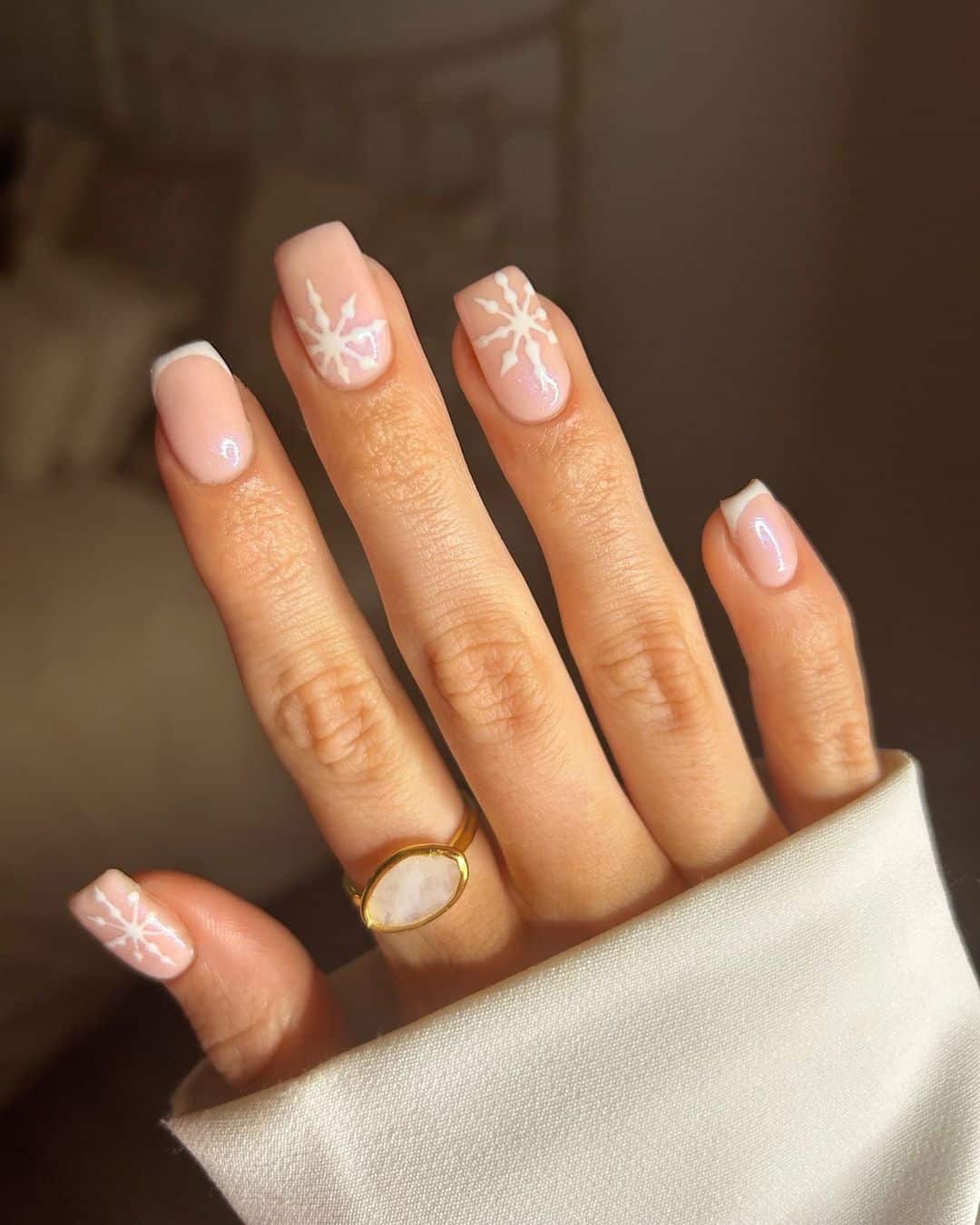 Sheer Pink with Delicate Snowflakes — Minimalist Winter Nails
