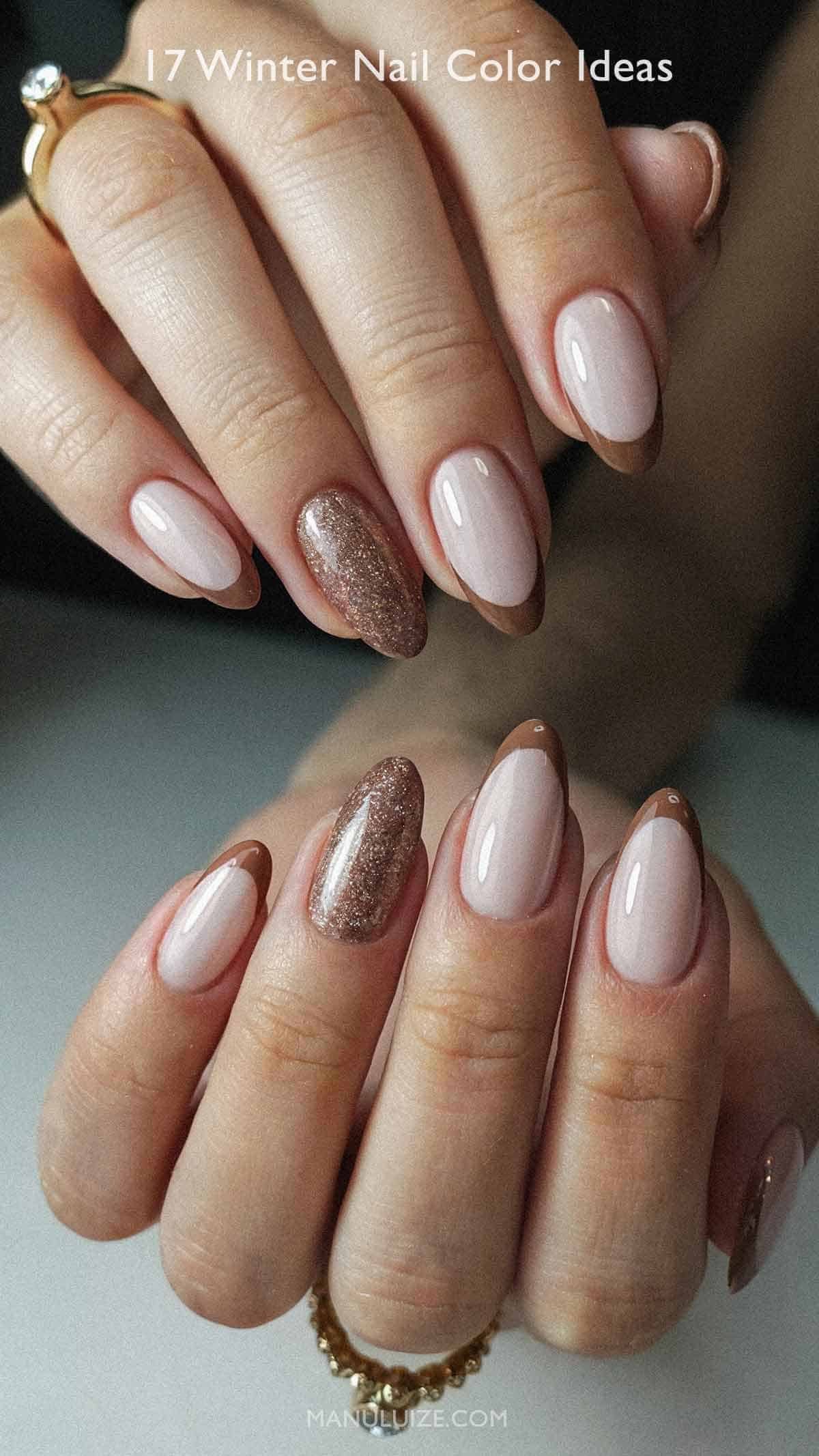 Brown French Tip with Bronze Glitter Oval Nails Brown French Tip with Bronze Glitter Oval Nails — Winter Nail Colors for Women Over 50