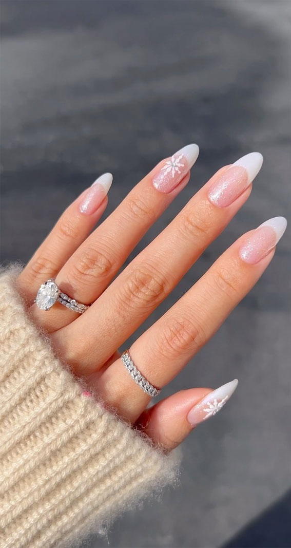 Winter Long Almond White French with Snowflakes Winter Long Almond White French with Snowflakes — January Nails