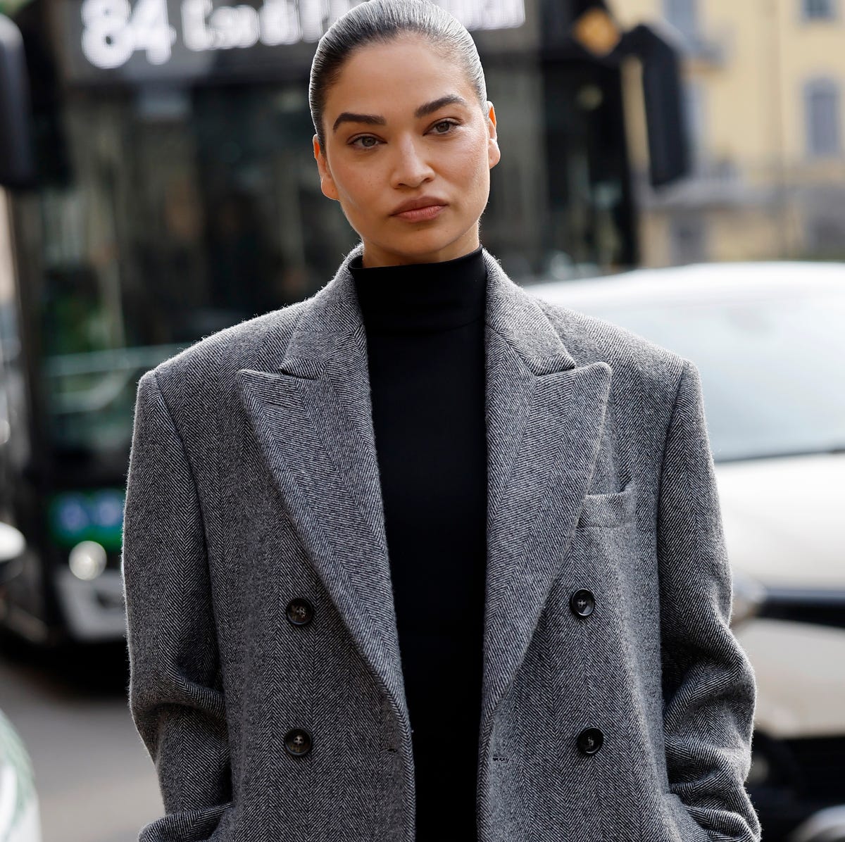 Double-Breasted Grey Herringbone Coat — Wool Coat Outfits