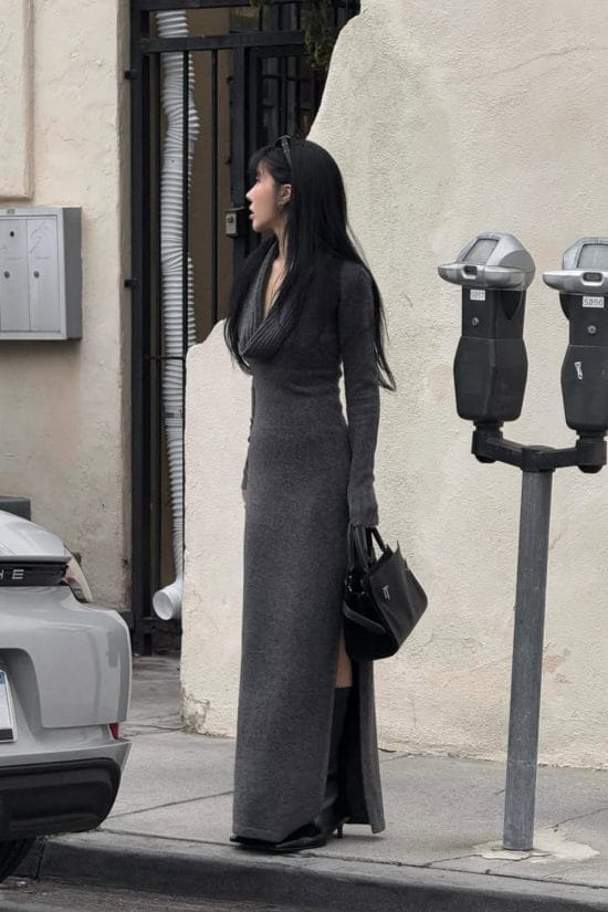 Long Knit Dress with Cowl Neck and Coat — Winter Layering Outfits