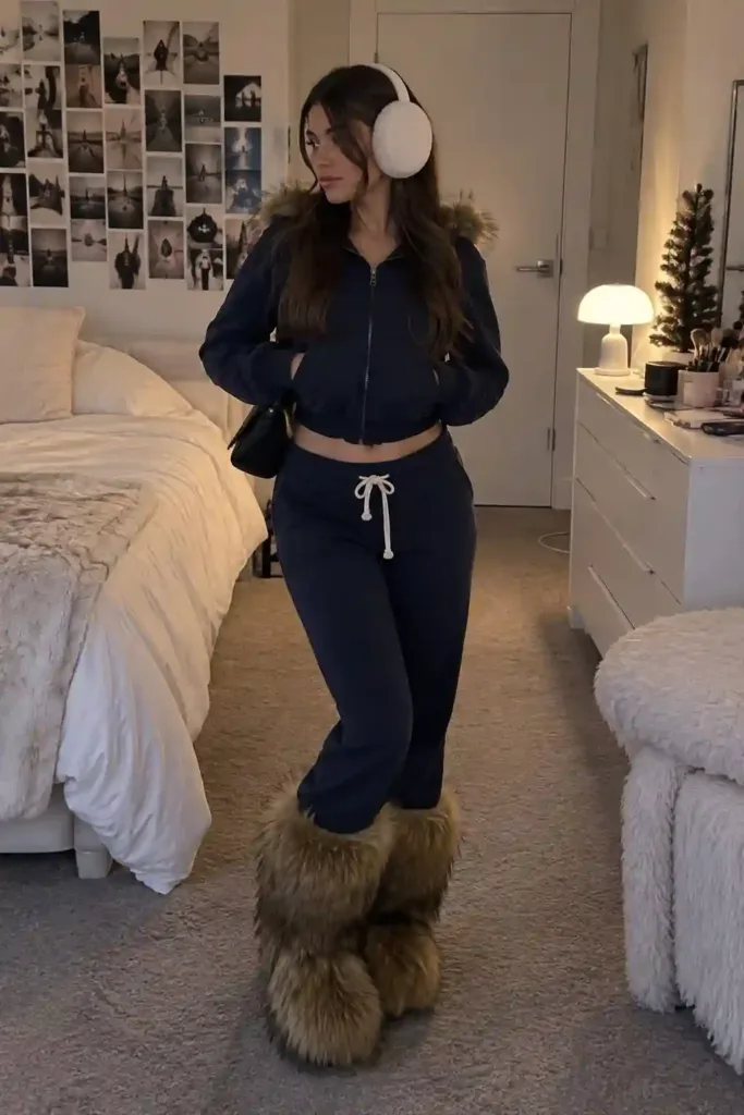 Navy Blue Fleece Tracksuit with Furry Boots Navy Blue Fleece Tracksuit with Furry Boots — Baddie Winter Outfits