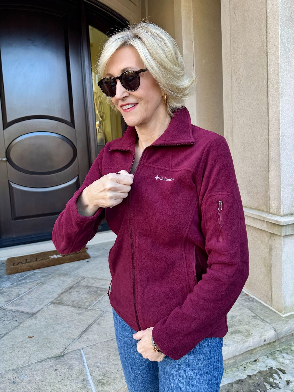 Stand Collar Style: Burgundy Fleece Jacket with Denim Stand Collar Style: Burgundy Fleece Jacket with Denim — Fleece Jacket Outfits