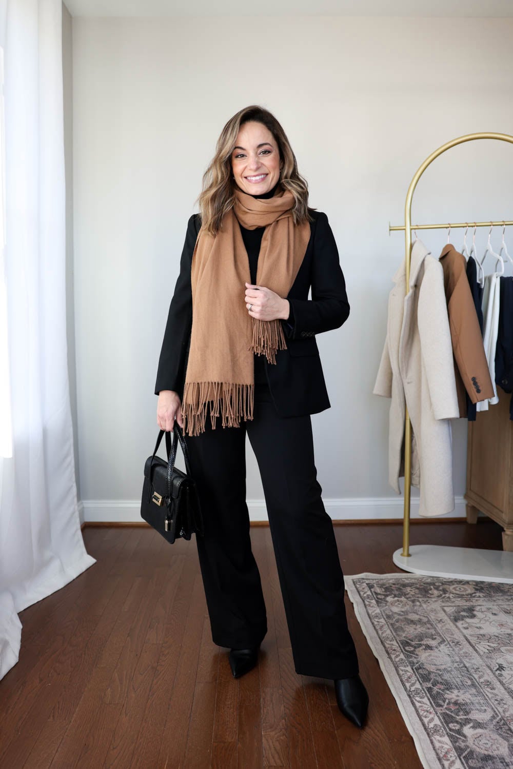 Professional Black Suit with Tan Scarf Accent Professional Black Suit with Tan Scarf Accent — All Black Winter Outfits