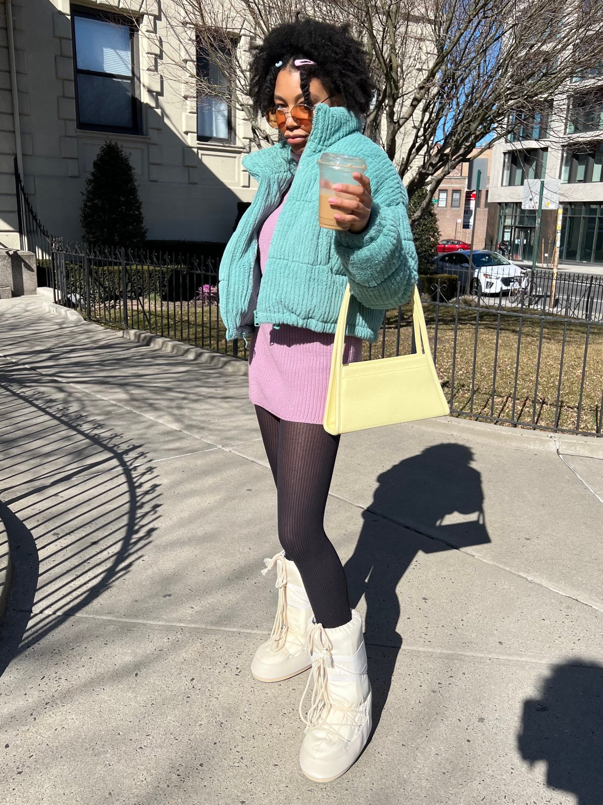 White Tall Moon Boots with Teal Puffer and Pink Mini Dress — Moon Boots Outfits