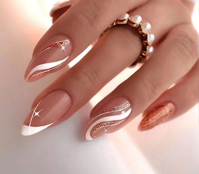 Nude French Swirl Glitter Stiletto Nails Nude French Swirl Glitter Stiletto Nails — Classy Simple Nail Designs