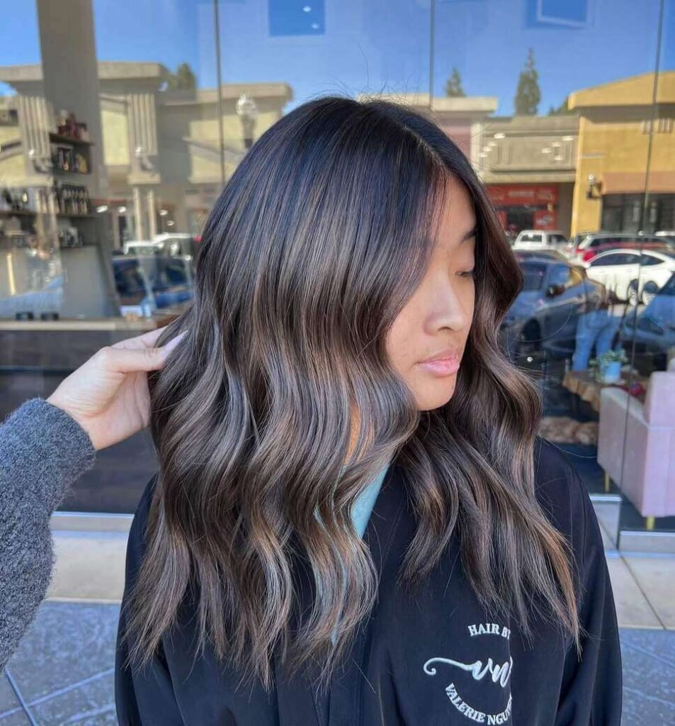 Dark Brown with Cool Ash Highlights Dark Brown with Cool Ash Highlights — Deep Winter Hair Color