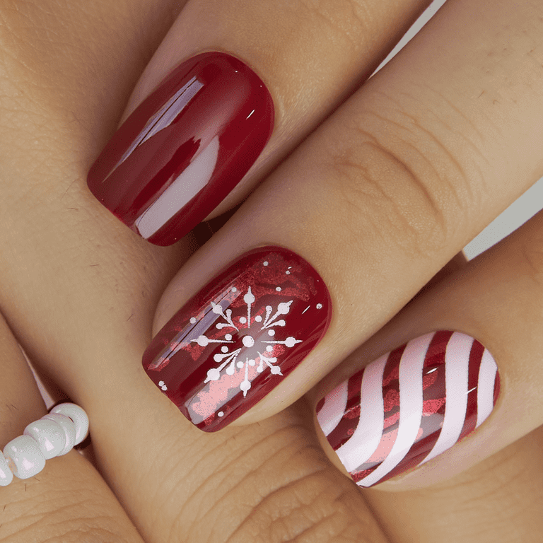 Deep Red Winter Snowflake Stripes — Winter Squoval Nails