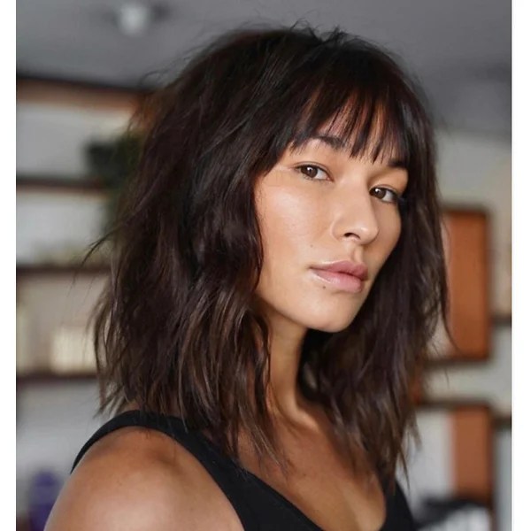 Collarbone Dark Brown Shag With Choppy Bangs Collarbone Dark Brown Shag With Choppy Bangs — Winter Hairstyles with Bangs
