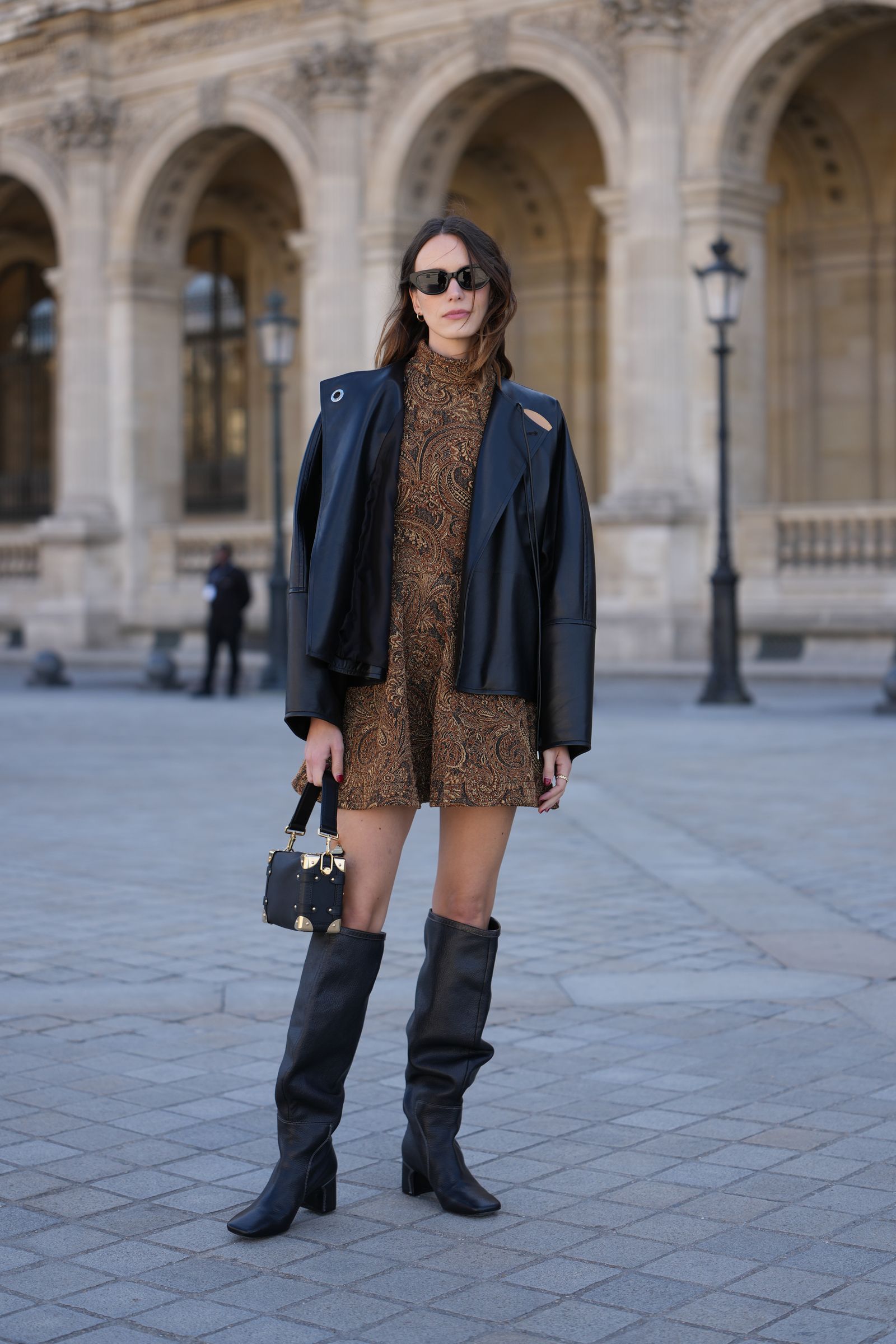 Black Leather Slouchy Boots with Patterned Mini Dress — Slouchy Boots Outfits