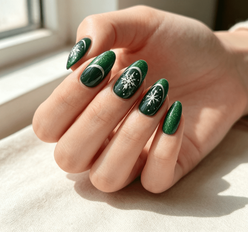 Matte Green Winter Celestial Nails Matte Green Winter Celestial Nails — Snowflake Nails