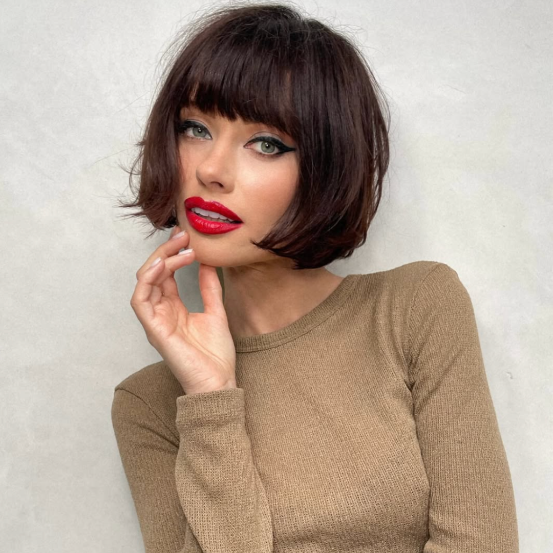 Dark Brown Bob With Full Bangs Dark Brown Bob With Full Bangs — Winter Haircuts for Oval Faces