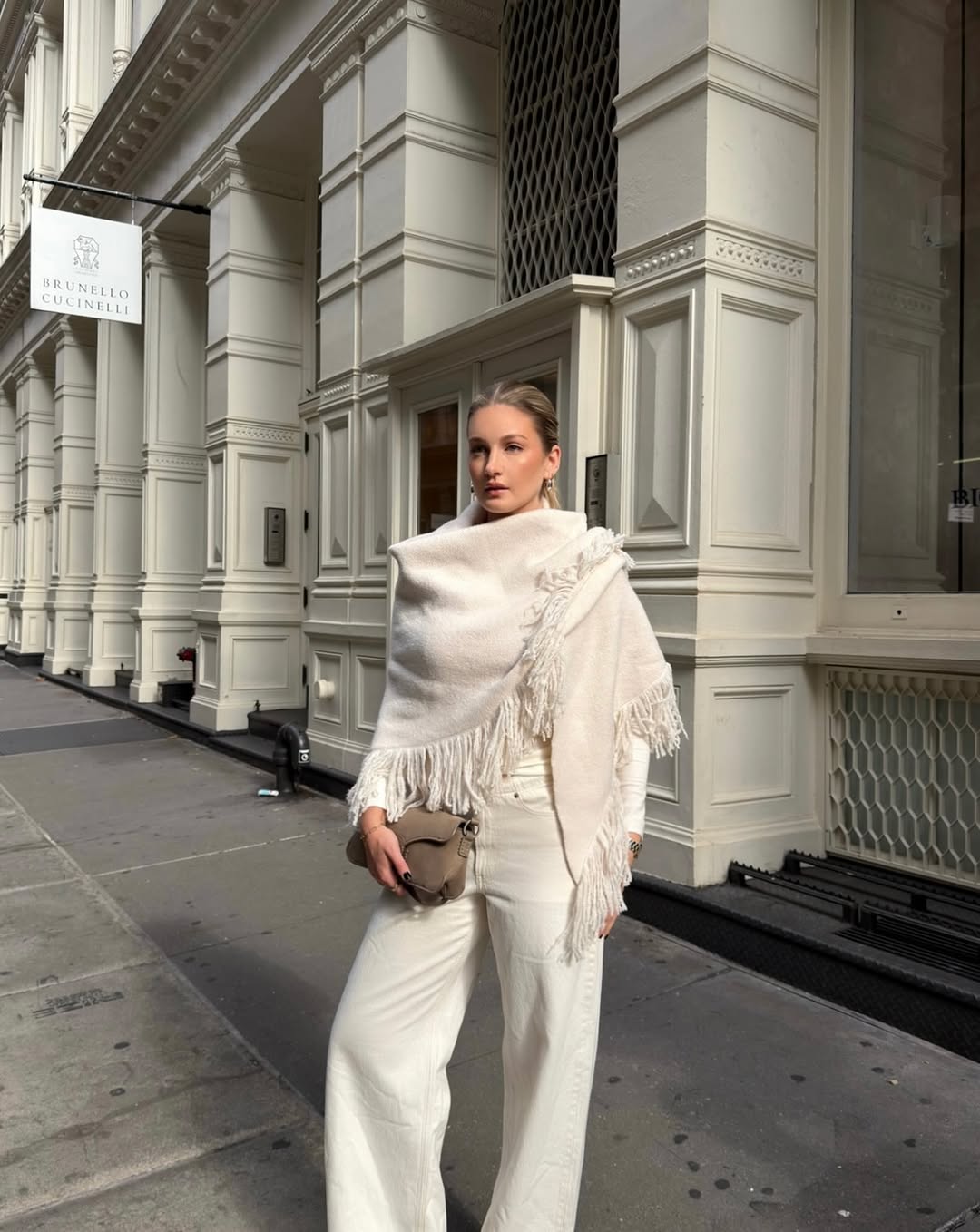 Cream Fringed Scarf Wrap Adds Texture to All-White Outfit — Scarf Outfits