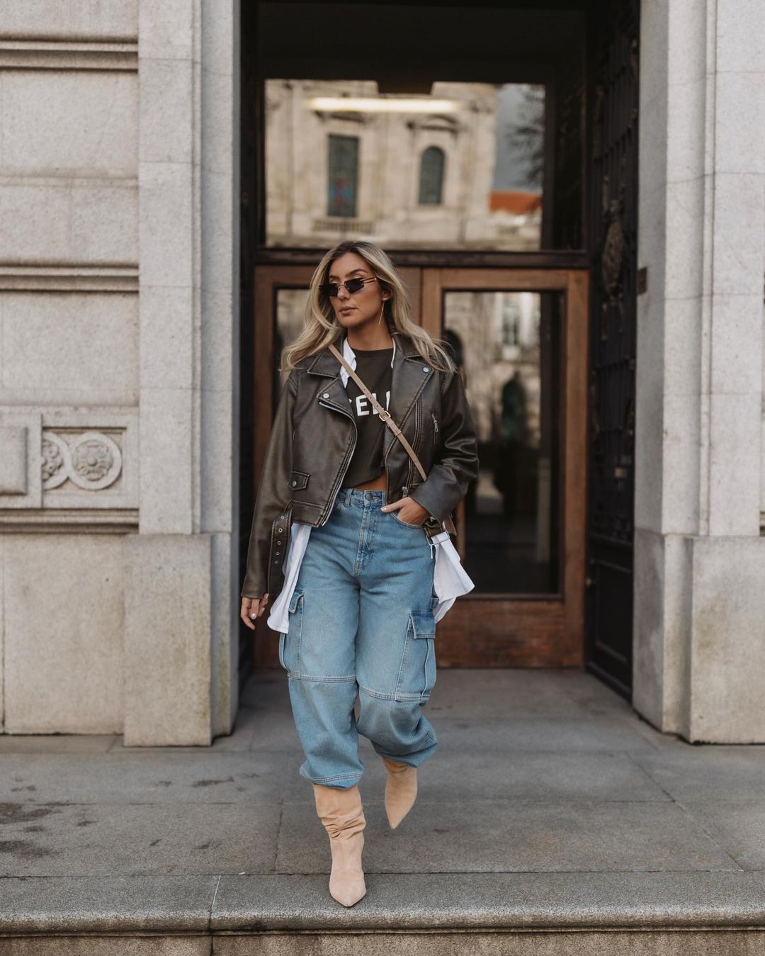 Trendy Baggy Cargo Jeans with Olive Green Jacket — Winter Outfits with Jeans