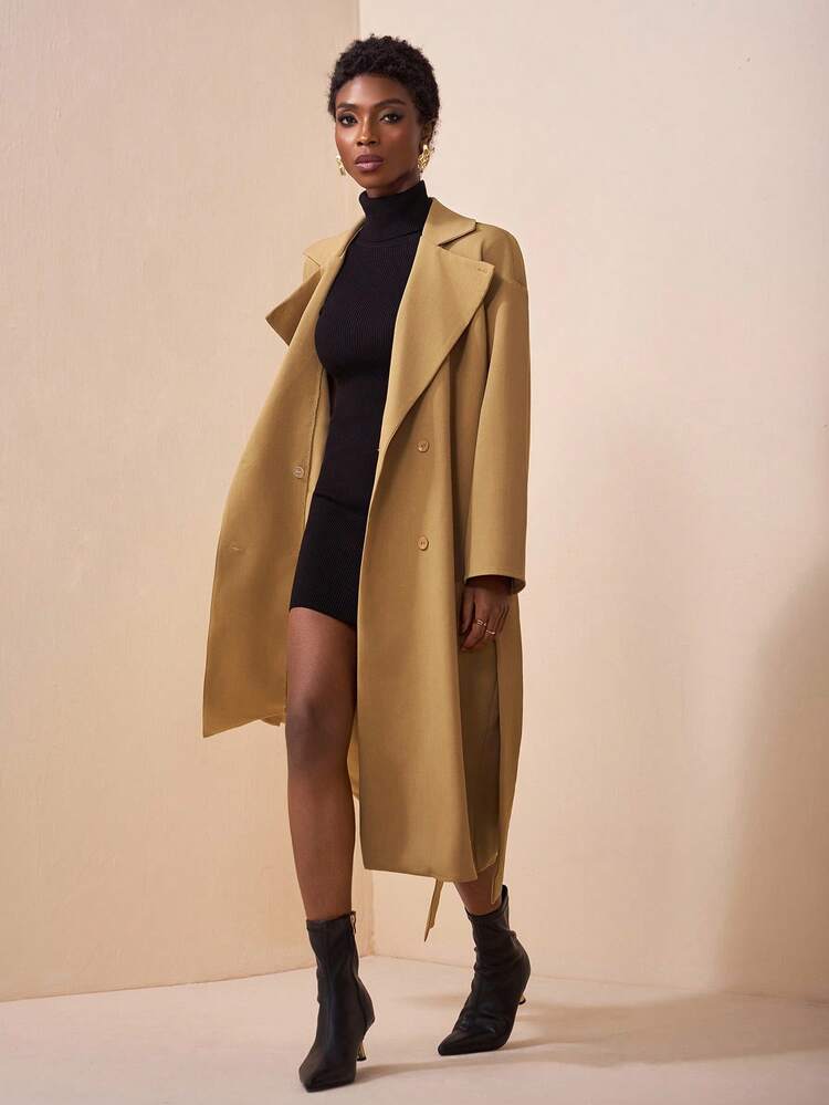 Camel Coat Over Black Turtleneck Dress — Winter College Outfits