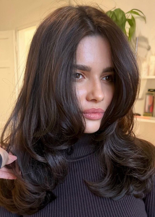 Collarbone Butterfly Layers With Gloss Collarbone Butterfly Layers With Gloss — Dark Chocolate Brown Hair