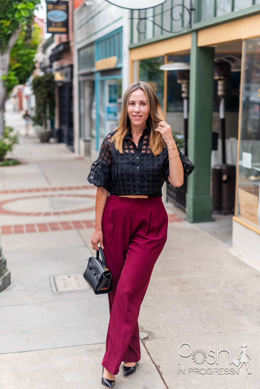 Chic Evening Outfit: Burgundy Wide-Leg Pants with Sheer Blouse — Burgundy Outfits