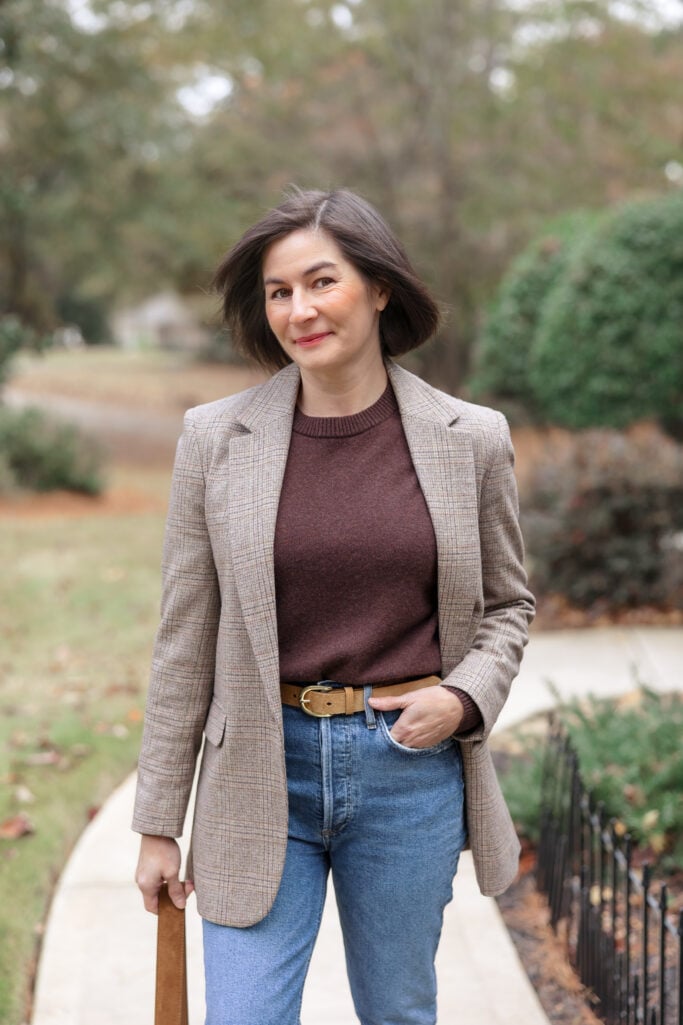Brown Plaid Blazer with Burgundy Sweater and Jeans — Winter Teacher Outfits