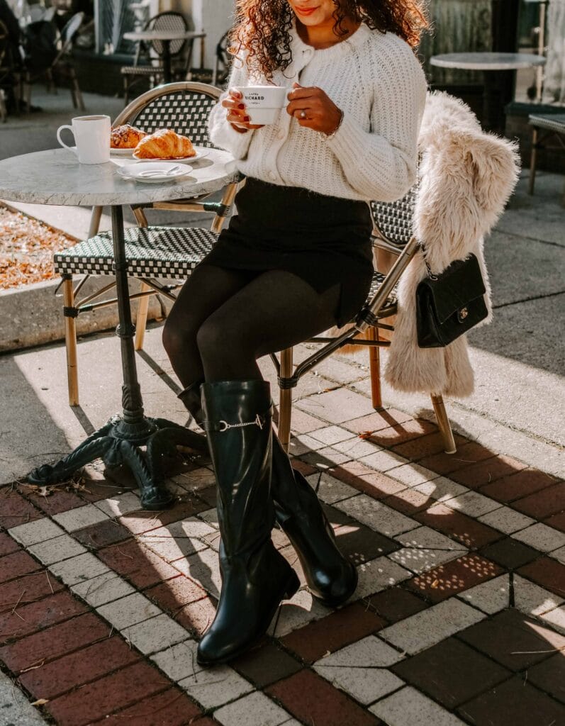 Cream Knit Cardigan Over Mini Skirt with Knee-High Boots — Classy Winter Outfits