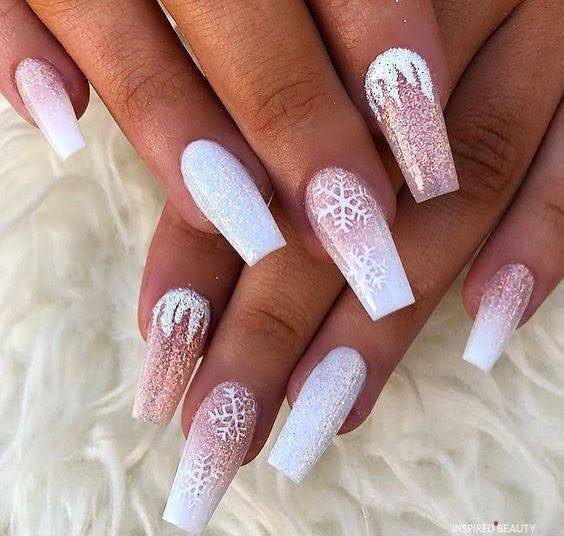 White Base Snowflake and Icicle Coffins — Winter Acrylic Nail Colors