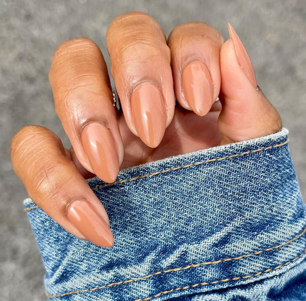 Caramel Tan Glossy Medium Almond Nails Caramel Tan Glossy Medium Almond Nails — Winter Nail Colors for Dark Skin