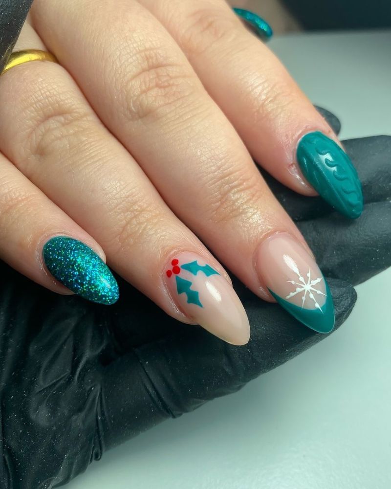 Teal Green Mix with Cable Knit Texture — Winter Green Nails
