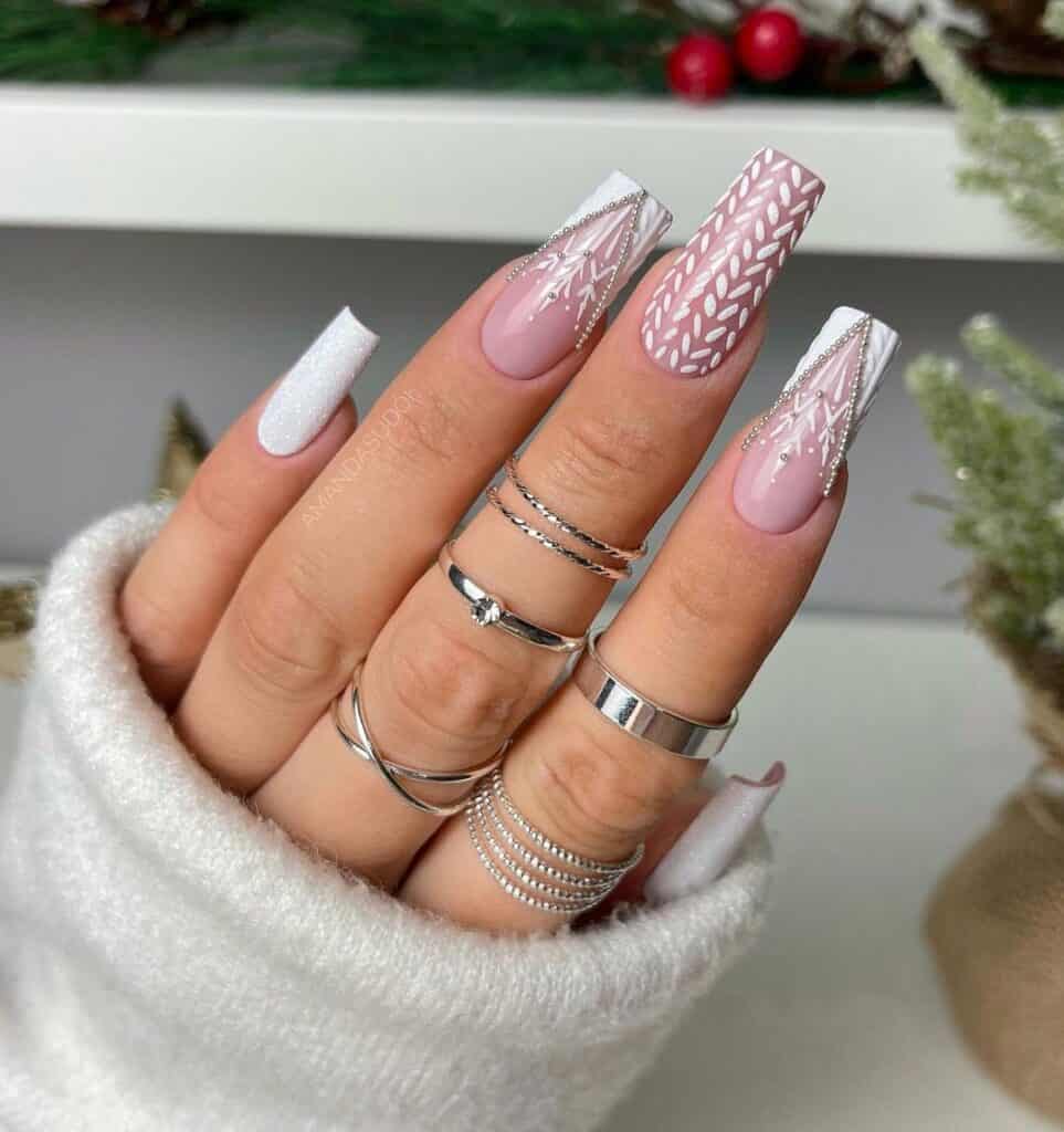 Pink Nude Cable Knit with Glitter French — Winter Acrylic Nails