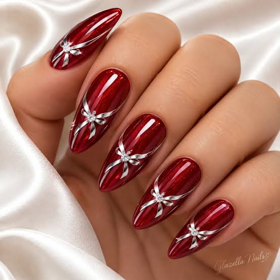 Metallic Cherry Red Bow Design Almond Nails Metallic Cherry Red Bow Design Almond Nails — Cherry Red Nails