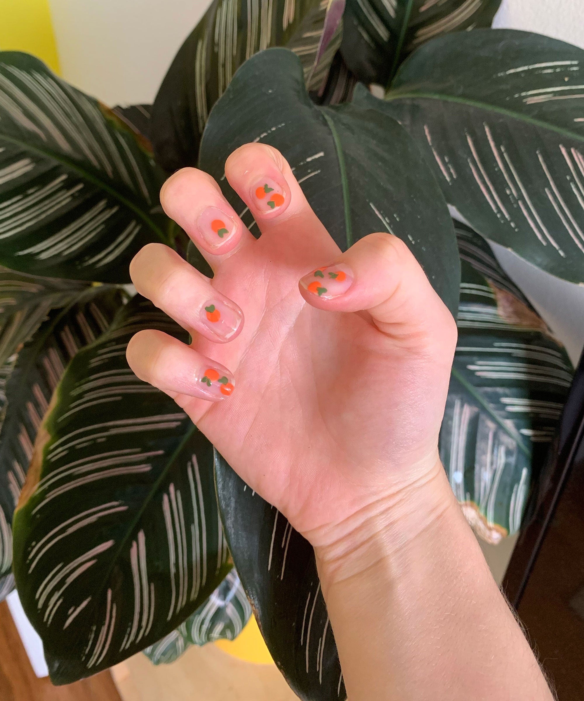 Sheer Base with Orange Fruit Motifs — Easy Nail Designs
