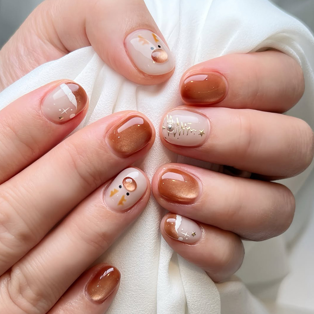 Sheer Nude with Reindeer Faces — Winter Nails