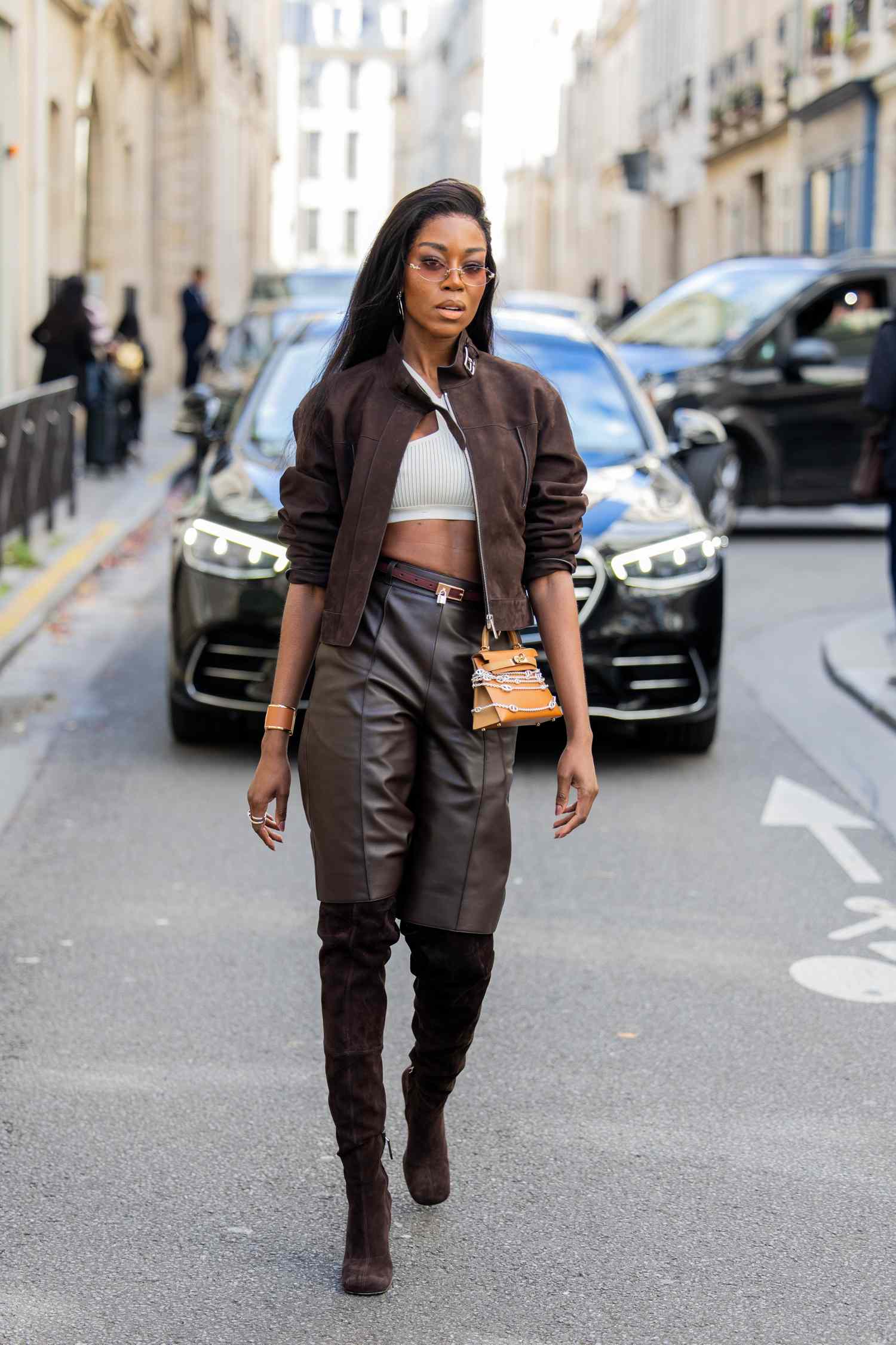 Brown Leather Culottes with Over-the-Knee Boots Brown Leather Culottes with Over-the-Knee Boots — Leather Pants Outfits