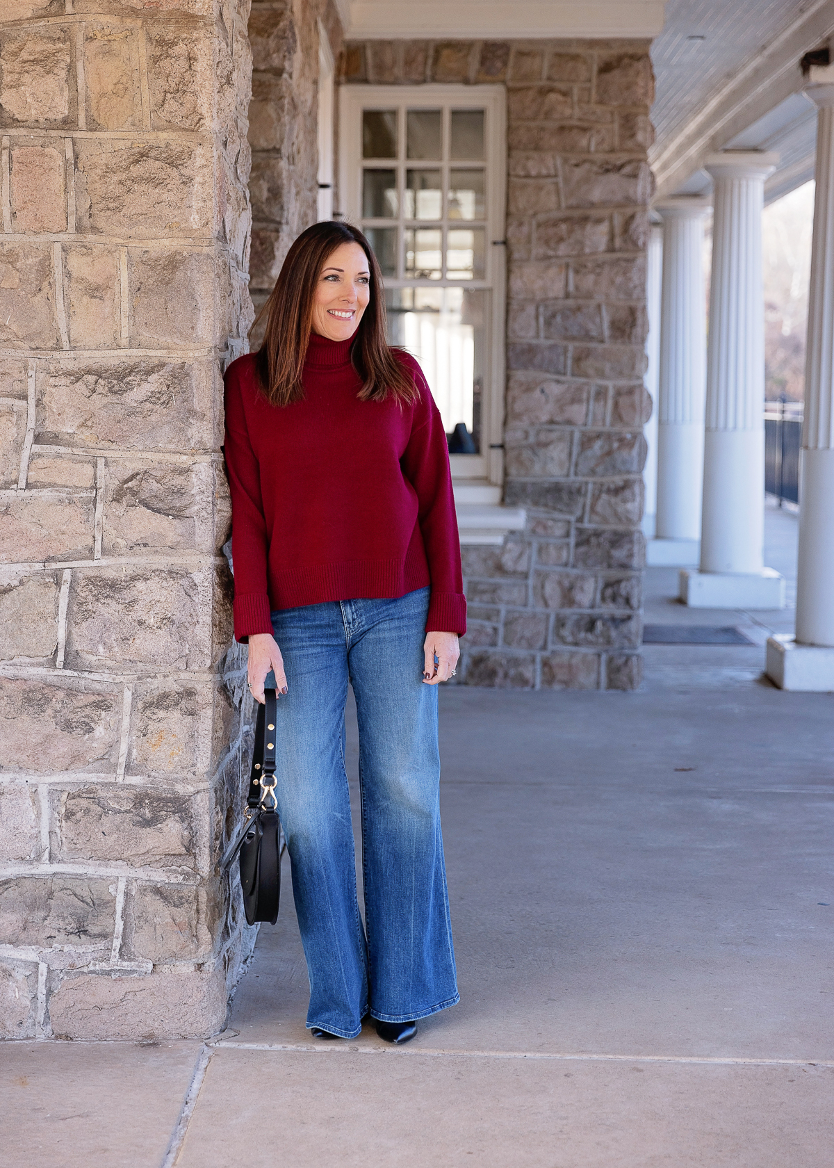 Burgundy Turtleneck with Wide-Leg Jeans Burgundy Turtleneck with Wide-Leg Jeans — Winter Outfits for Warm Weather