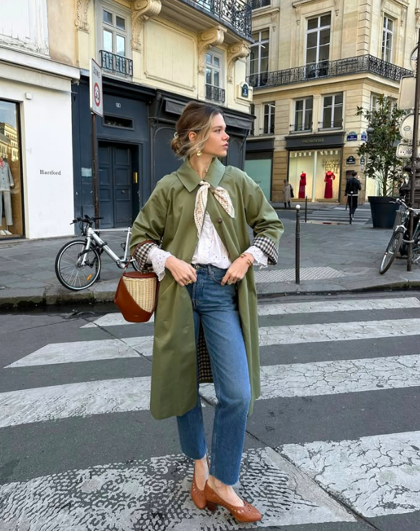 Olive Green Trench Coat with White Shirt and Jeans — Long Coat Outfits