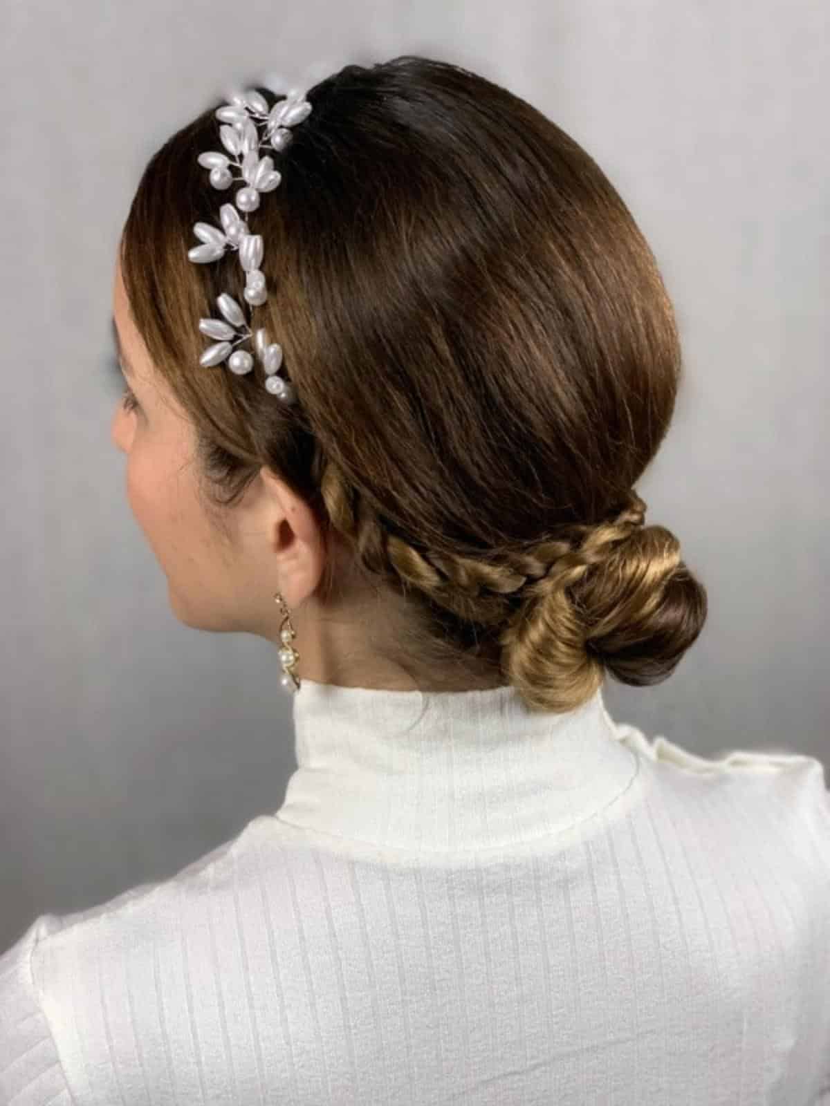 Mid-Back Braided Low Bun With Accent — Winter Date Night Hairstyles